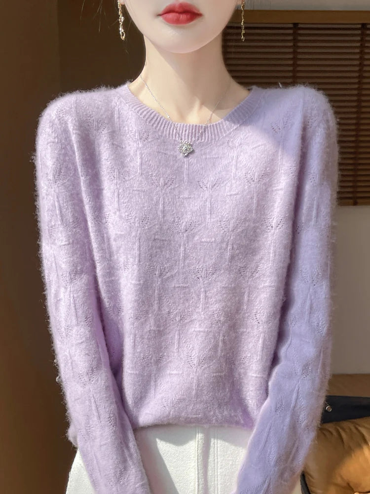 Women 100% Merino Wool Sweater Casual Hollow out Cashmere Blouse O-neck Pullover Tops Autumn Winter Warm Knit Woman Wool Sweater