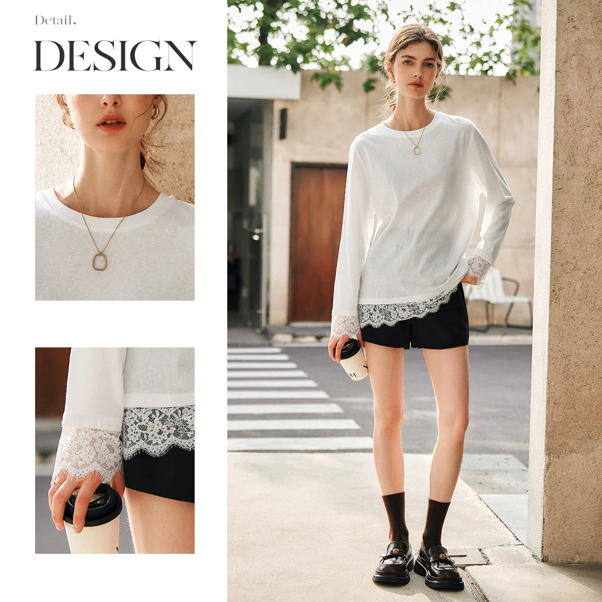 OLrain Cotton White T-shirt Women 2026 Autumn Casual Loose Tee Shirt Crewneck Lace Long Sleeve Tops Woman Clothing N57CT95669