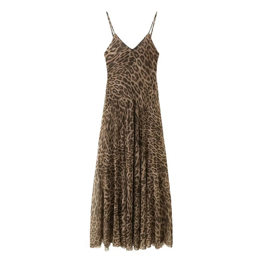 Vintage Chic Leopard Printed Sling Vestido Women Casual Backless Pleated Loose Fit Fold Spaghetti Strap Dress Vacation Beachwear