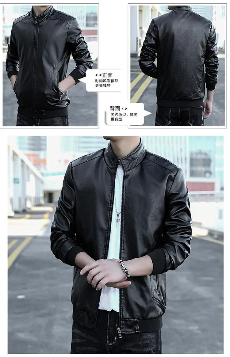 Trendy Casual Loose Jacket for Men with Velvet Thickened Winter with PU Leather Stand Collar