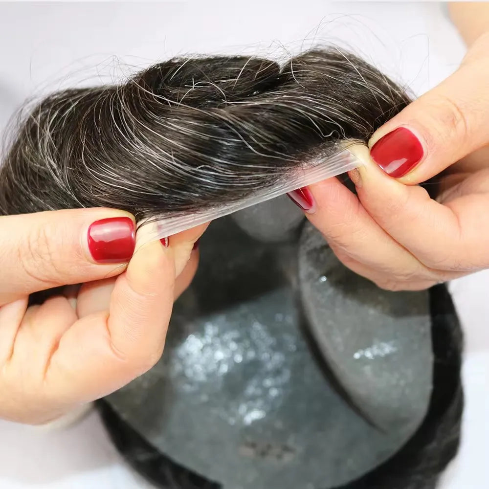 80%Density Natural Hairline 0.02mm Ultra Thin Skin Invisible Mens Toupee Brown Blonde Grey Human Hair Capillary Prosthesi System