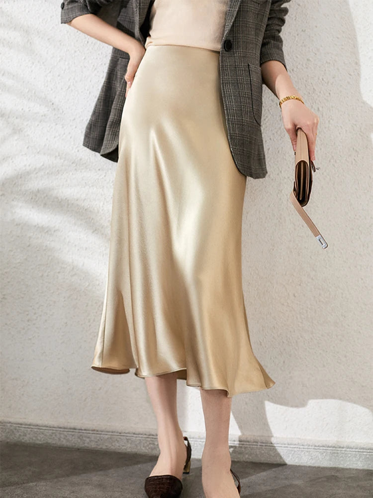 Elegant Women's Skirts High Waist Silk Satin A-line Skirt Lady Fashion Solid Color Purple Long Skirts for Women Fashion 2026