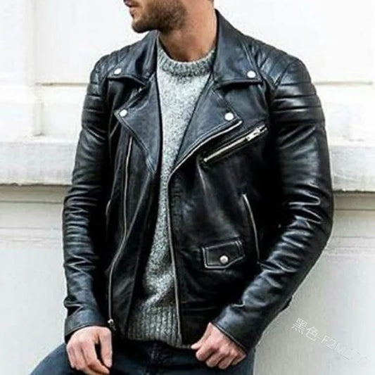 Men PU Leather Coat Teen Stand Collar Punk Male Motorcycle Leather Jackets Faux Leather Zipper  Handsome Coats Jackets