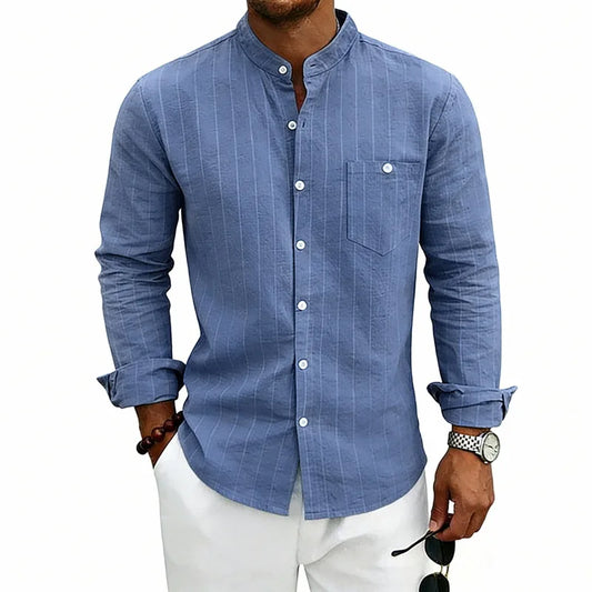 Men's Linen Stand-Up Collar Striped Shirt Spring and Autumn Casual Commuter Trend Slim-fit Long Sleeve Shirt