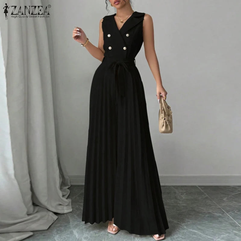 Fashion Women Jumpsuits 2026 ZANZEA Summer Rompers Elegant Wide Leg Work OL Overalls V Neck Sleeveless Pleated Playsuit Trousers