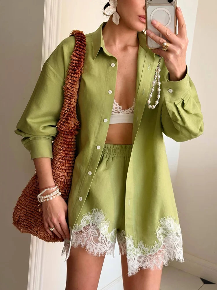 Casual Women's Matching Sets Long Sleeve Shirts Shorts Suit Lace Patchwork 2 Pieces Sets 2026 NEW Spring Beach Lady Outfits