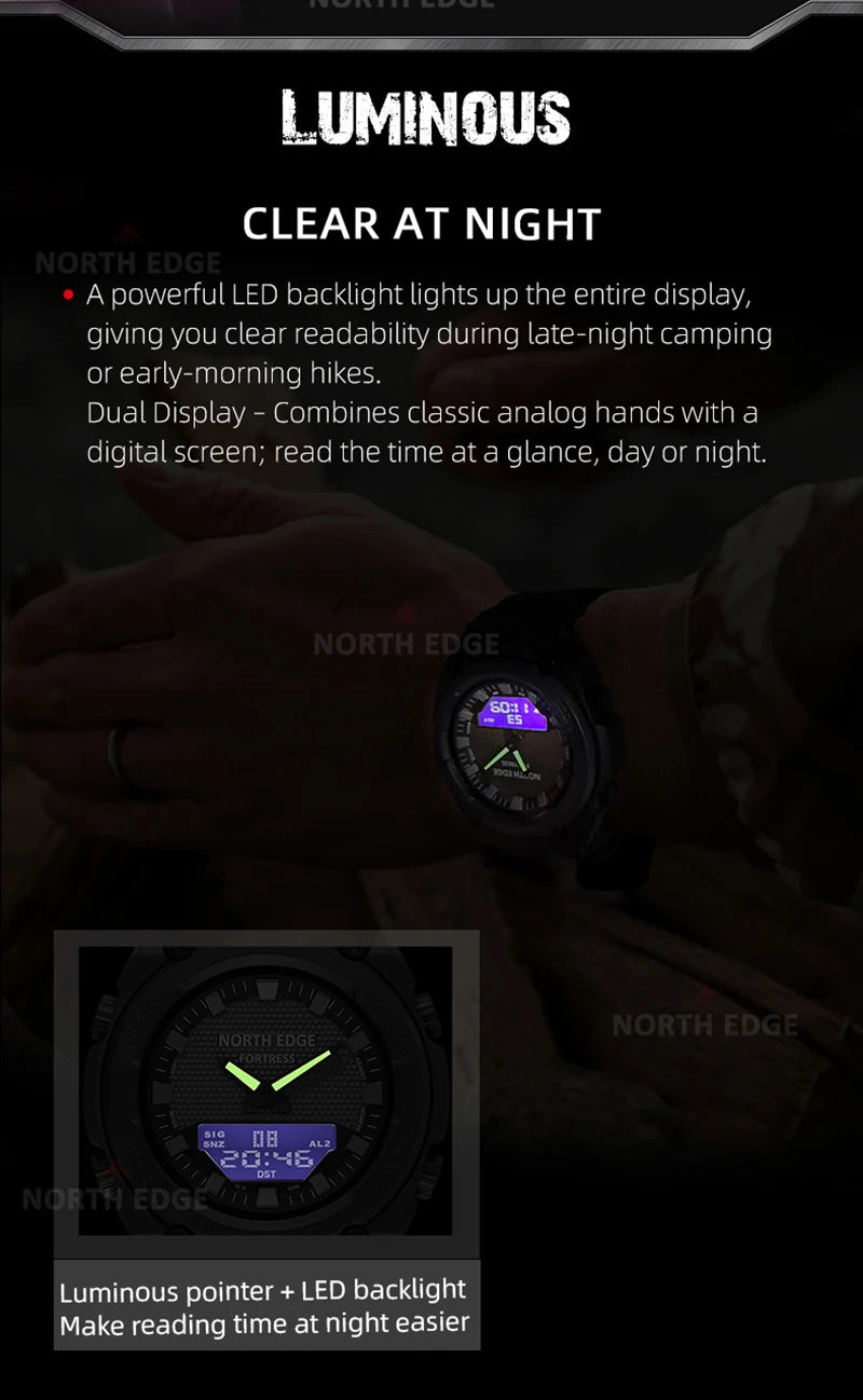 NORTH EDGE FORTRESS 2026 Men's Military Digital Watch Outdoor Sports Waterproof 50M Watches World Time Countdown LED Wristwatch