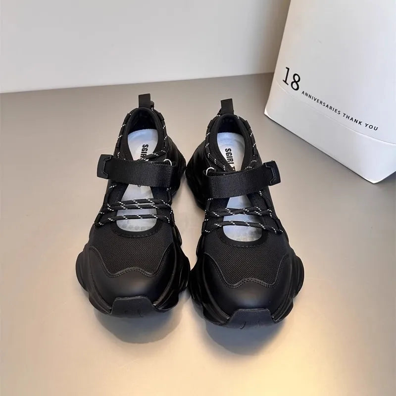Women's Breathable Mesh Hollow Out Thick Bottom Casual Sports Shoes Thin Mary Jane Shoes Magic Tape Leisure Sports Shoes