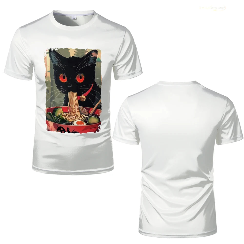 Japanese Anime-Style Ramen Black Cat Graphic T-Shirt Kawaii Animal Print Casual Daily Home Tees Classic O-Neck Short Sleeve Tops