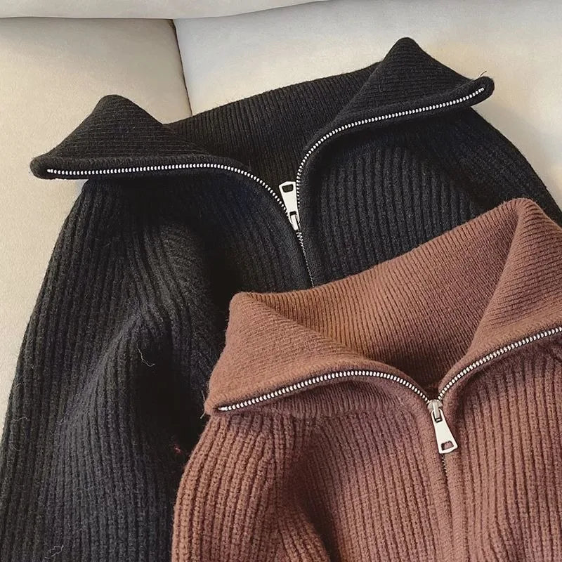 2024 Autumn New Korean Style Versatile Basics Half-zipper Loose Lapel Winter Long-sleeved Lazy Sweater Pullover Top