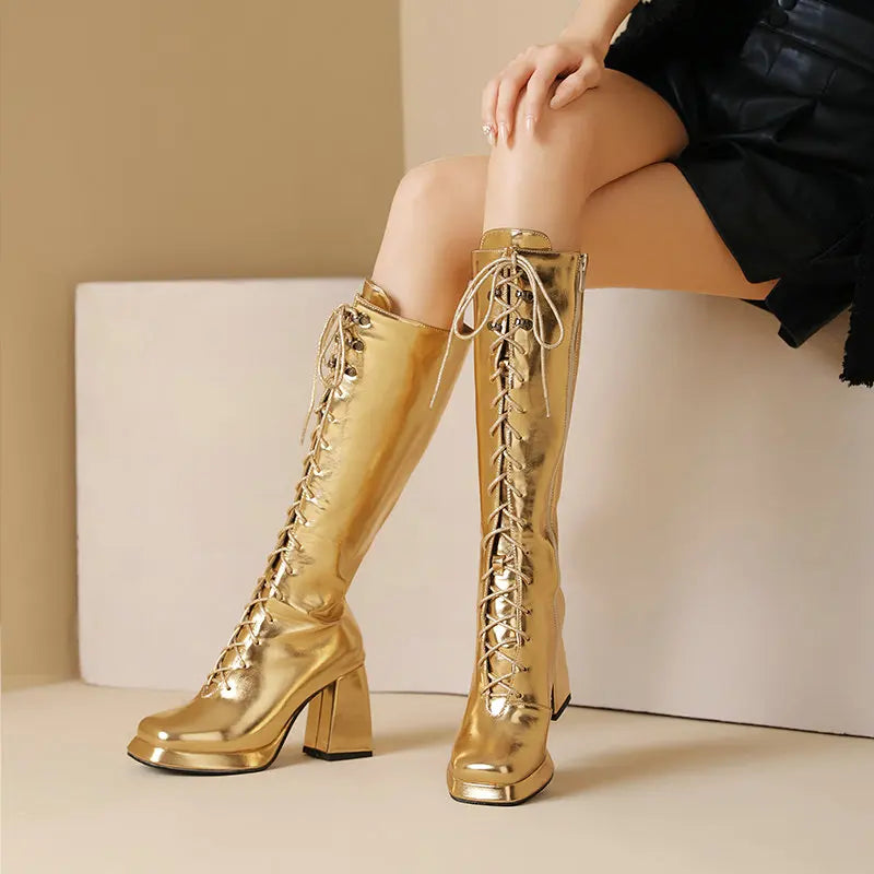 Big Size 45 46 Women Shoes Winter Fall Warm Lace-up Chunky High Heels Metallic Gold Silver Knee-high Riding Platform Goth Boots
