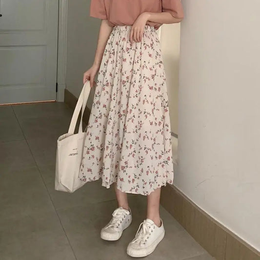 Vintage Floral Print A-line Pleated Long Skirts Summer Women 2026 Korean Skirt Streetwear Drawstring Elastic Waist Midi Skirt