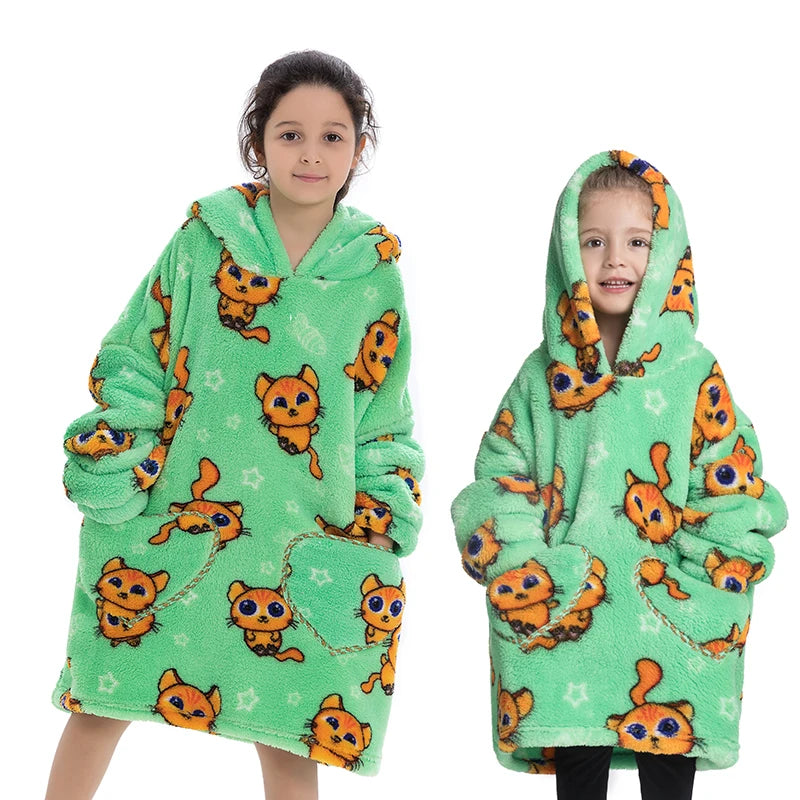 Girls Winter Clothes Flannel Thick Hoodies Super Warm Children's Sweaters Kids Hooded Loose Clothing Homewear Wearable Blankets