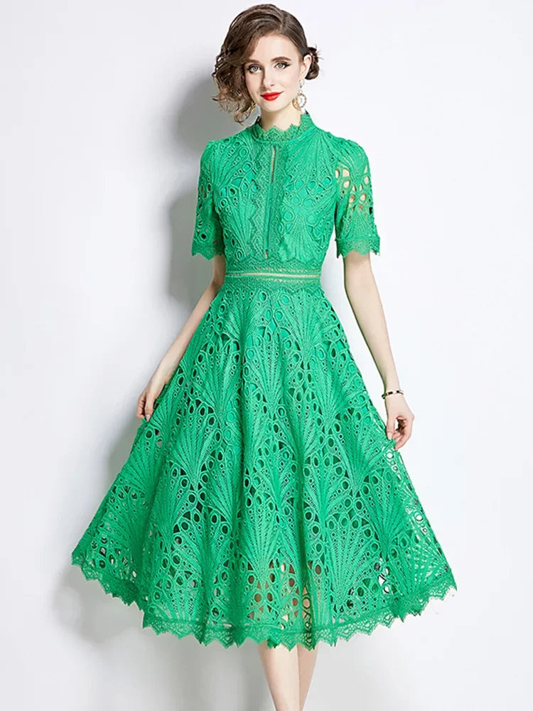SMTHMA Vintage High-End O-Neck Short Sleeve Lace Hollow Out Dress For Women's Summer Slim Elegant Long Dress Female Clothing