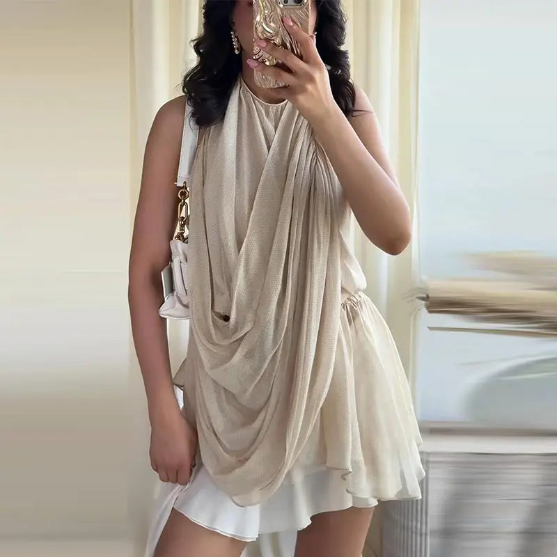 Fashion Women's Pleated Halter Vest Loose Sleeveless Backless Female Feshion Tops 2026 Summer Lady Chic All-match Solid Vests