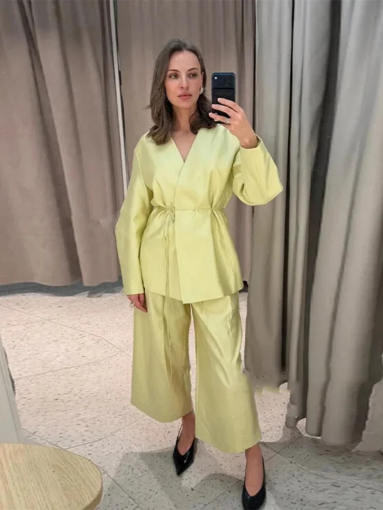 Women Elegant Solid Lace-up Blazer Set Lady Chic V-neck Full Sleeve Loose Coat Wide-leg Pants Suit 2026 Casual Commute Outfit
