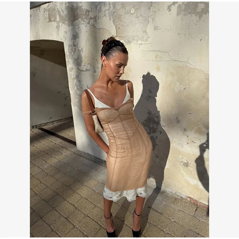 Women Sheer Mesh Overlay Midi Dress Waist Cinched Sleeveless Spaghetti Strap 2026 Summer Accessories Trendy Classy Lady Outfits