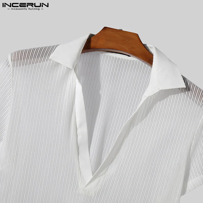 Fashion Well Fitting Tops INCERUN Men's Striped Perspective V-neck T-shirts Casual Streetwear Short Sleeved Camiseta S-5XL 2024