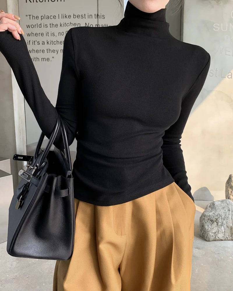 Warm Fce Lined High Collar Long Sve Base irt Women's Faionable Retro Versatile High Ne Base irt Trendy Commute ...