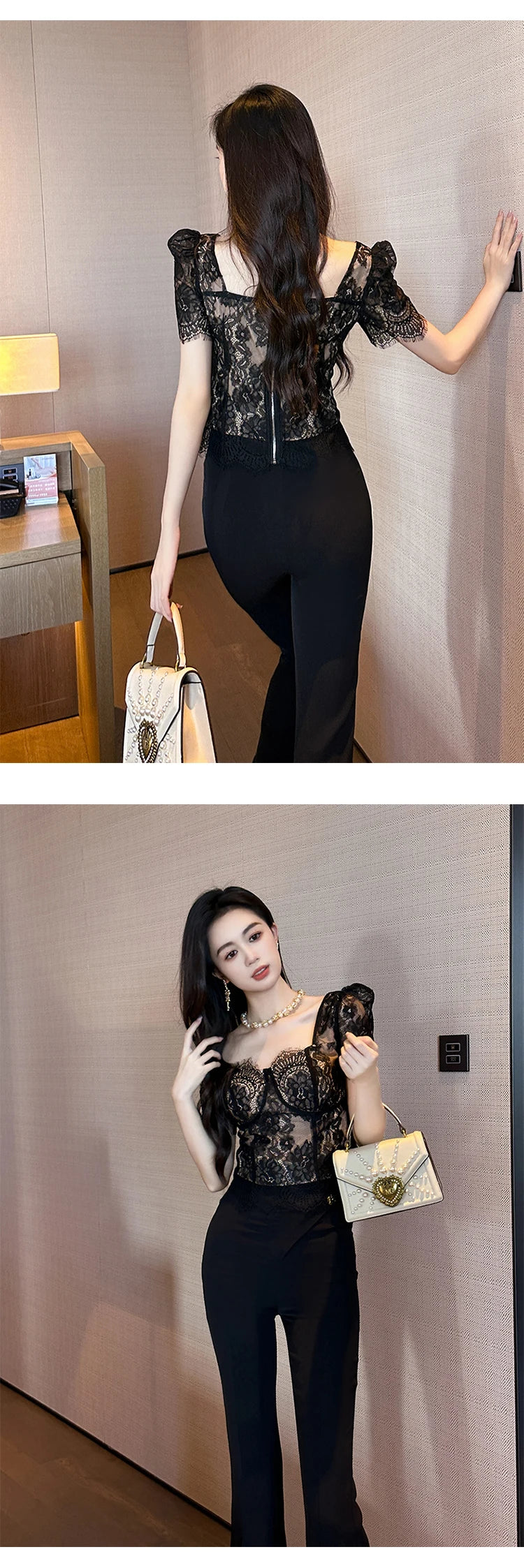 French Fashion Elegant Black Blouse Hook Floral See Through Women Tops Outfits Sheer Lace Sexy T-Shirts Tees Party Sweet Clothes