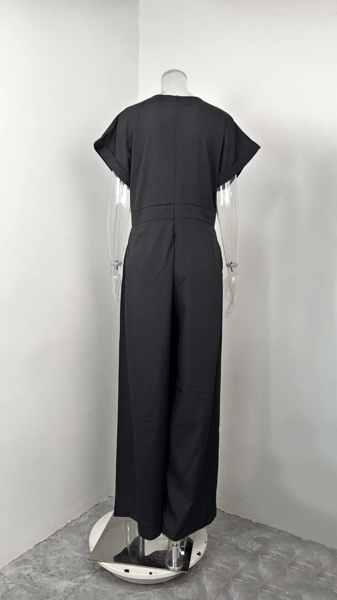 Elegant Solid Color V Neck Jumpsuit For Women High Waist Wide Leg Trousers With Pockets, Formal Office & Party Outfit