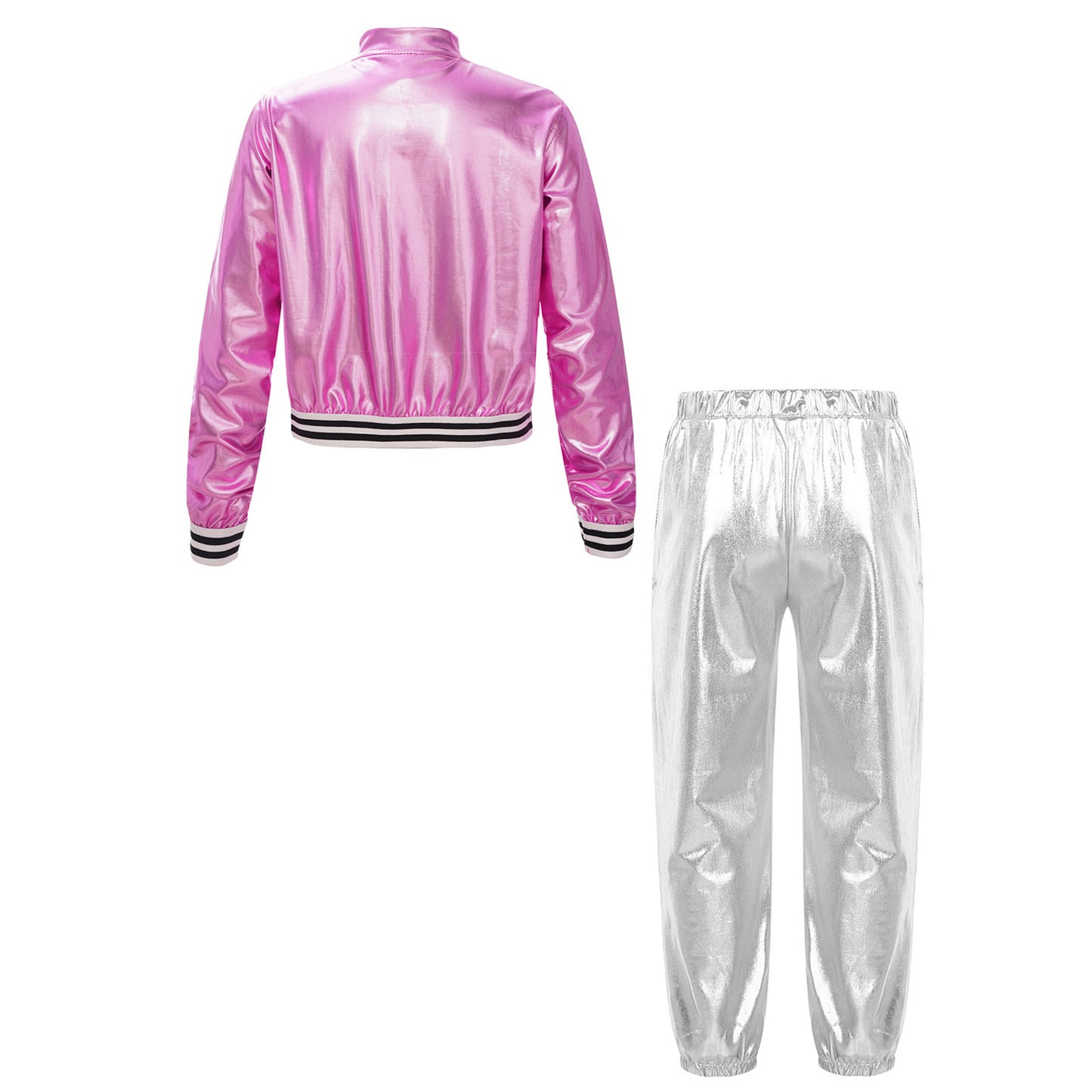 Kids Girls Sports Outfits Jazz Hip Hop Street Dance Costume Shiny Metallic Long Sleeves Bomber Jacket Coat with Pants Streetwear