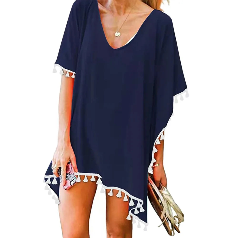 Fashion V Neck Summer Sunscreen Smock Loose Casual Beachwear Shirt Bathing Suit Vacation Swim Dress for Women