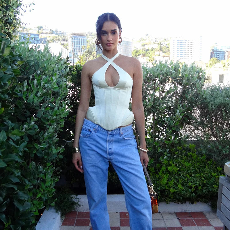 Sexy Hollow-out Fishbone Tank Tops 2026 Summer New Female Solid Halter Lace-up Backless Sleeveless Vest Women's Slim Clubwear