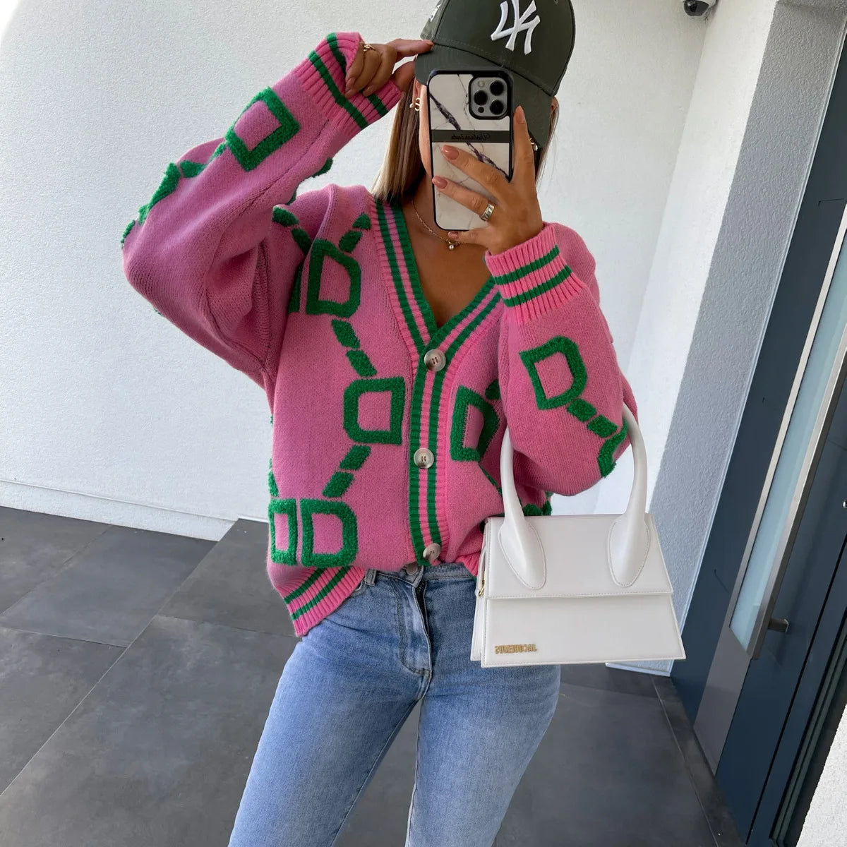Autumn Winter Jacquard Knitted Coat Women Fashion V-neck Long Sleeve Single Breasted Knitting Cardigan Coats Female Streetwear