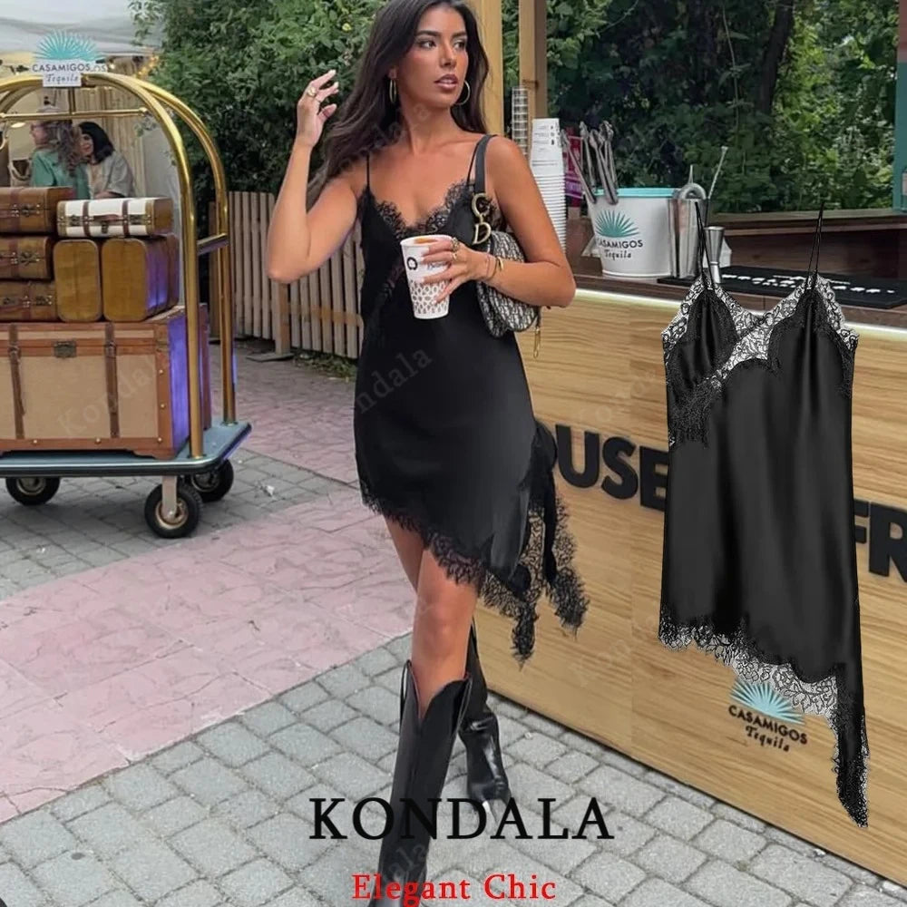 KONDALA Women Sexy High Street Lace Cami Short Dress Asymmetrical Dress 2025 Spring Autumn Fashion Party Dinner Date Mujer Dress