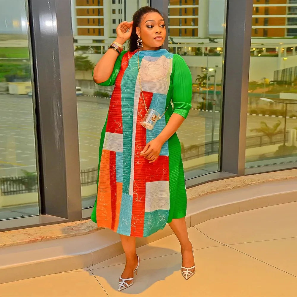 African Dresses for Women Summer Fashion Style African 3/4 Sleeve Polyester O-neck Pleated Dress Dashiki African Clothes Women