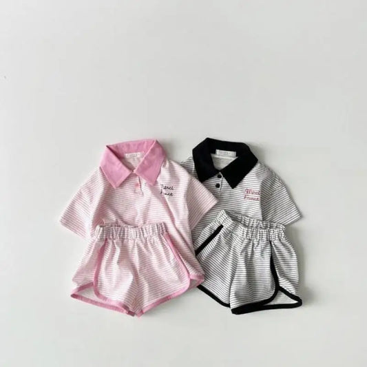 2025 New Children Short Sleeve Clothes Set Boys Girls Letter Print Polo Shirts + Shorts 2pcs Suit Kids Casual Striped Outfits