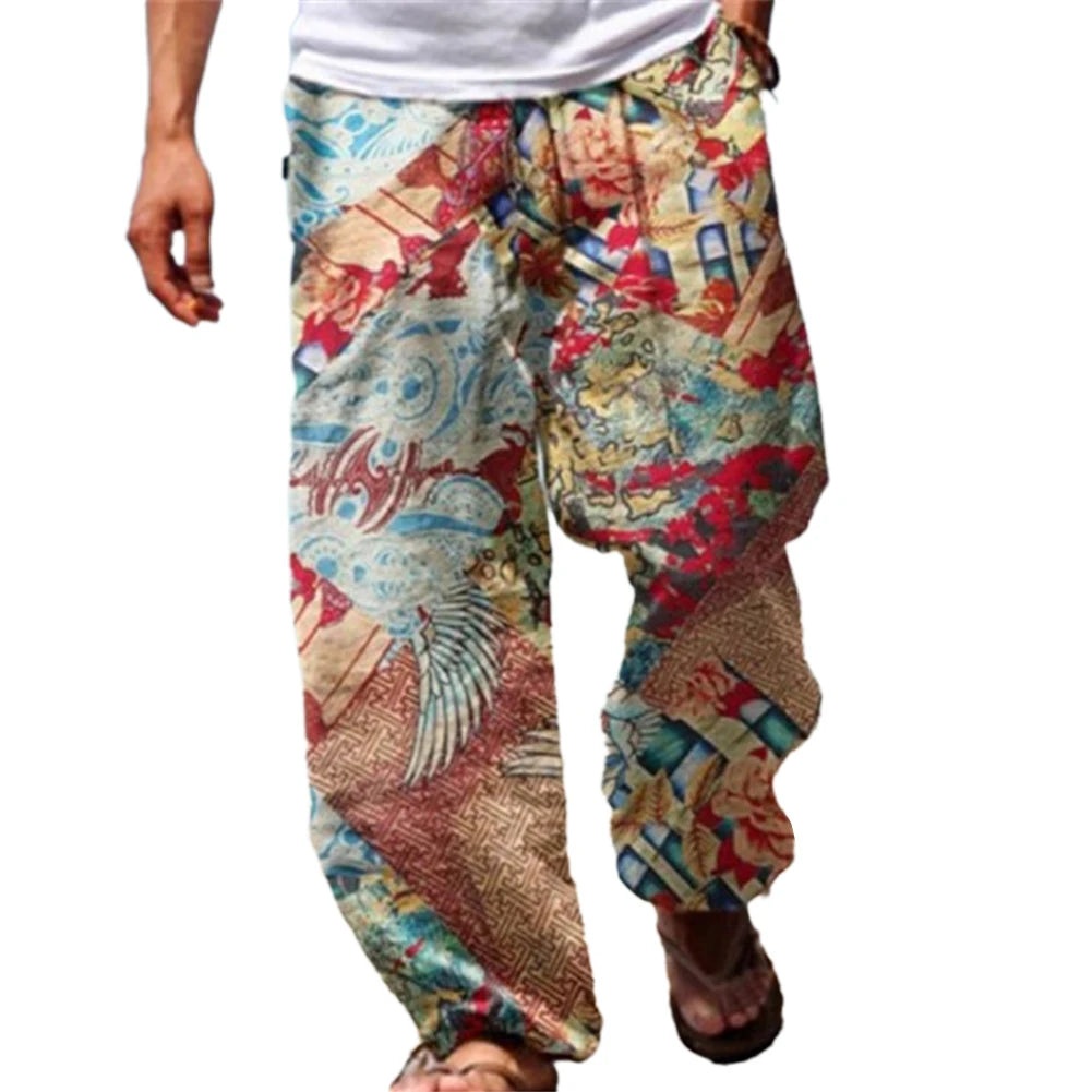 Mens Casual Baggy Harem Pants Elastic Waist Beach Loose Wide Leg Hippy Trousers