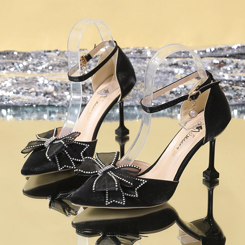 Rimocy Sexy Thin Heels Ankle Strap Pumps Women Lace Bowknot Wedding Party Shoes Woman Elegant Pointed Toe Silk High Heels Shoes