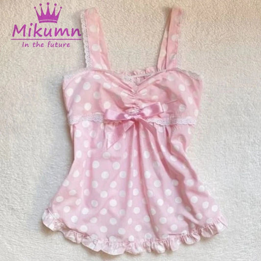 Mikumn Harajuku Sweet Cute Pink Polka Dot Crop Tank Tops Women Y2k Kawaii Lace Patchwork Summer Sleeveless Camis Vest Streetwear
