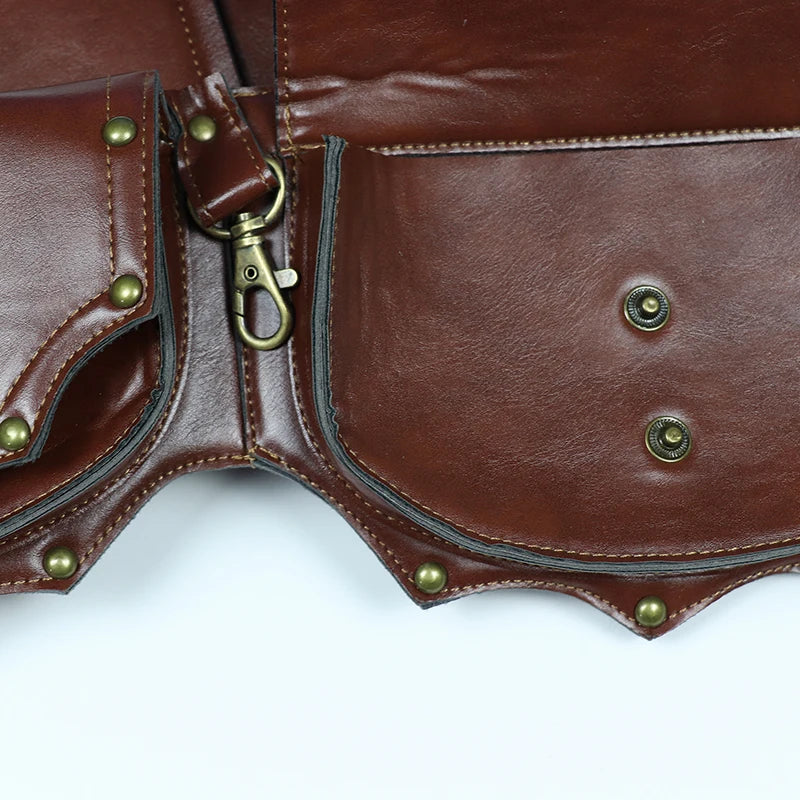 Women's Waist Bag Medieval Steampunk Pu Leather Belt Bag Retro Cosplay Costume Props Rivet Mountain Climbing Outdoor Sports Bag