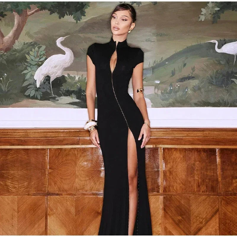 Y2k Black Hollow Out Slit Dress Women Solid Short Sleeve High Neck Slim Fit Maxi Dresses Lady Fashion Evening Party Club Robe
