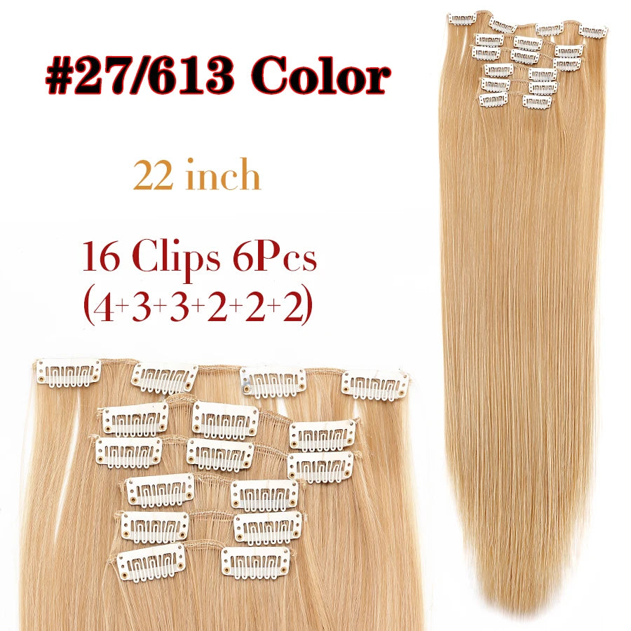 22 Inches Synthetic Long Straight Hairstyle 16 Clips 6Pcs/Set Hair Extensions Blonde Black Hairpieces Heat Resistant For Women
