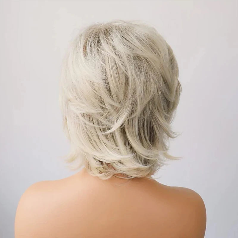 HAIRJOY Synthetic Hair Short Curly Brown Mixed Blonde Highlight Wigs with Bangs for White Women