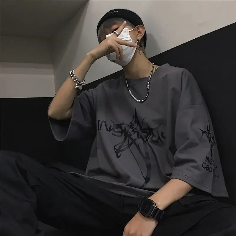 Men's t-shirts Retro Baggy Print O-neck Fashion Teen Streetwear Y2k t shirt College Simple Summer Oversized Short sleeve Tee Top