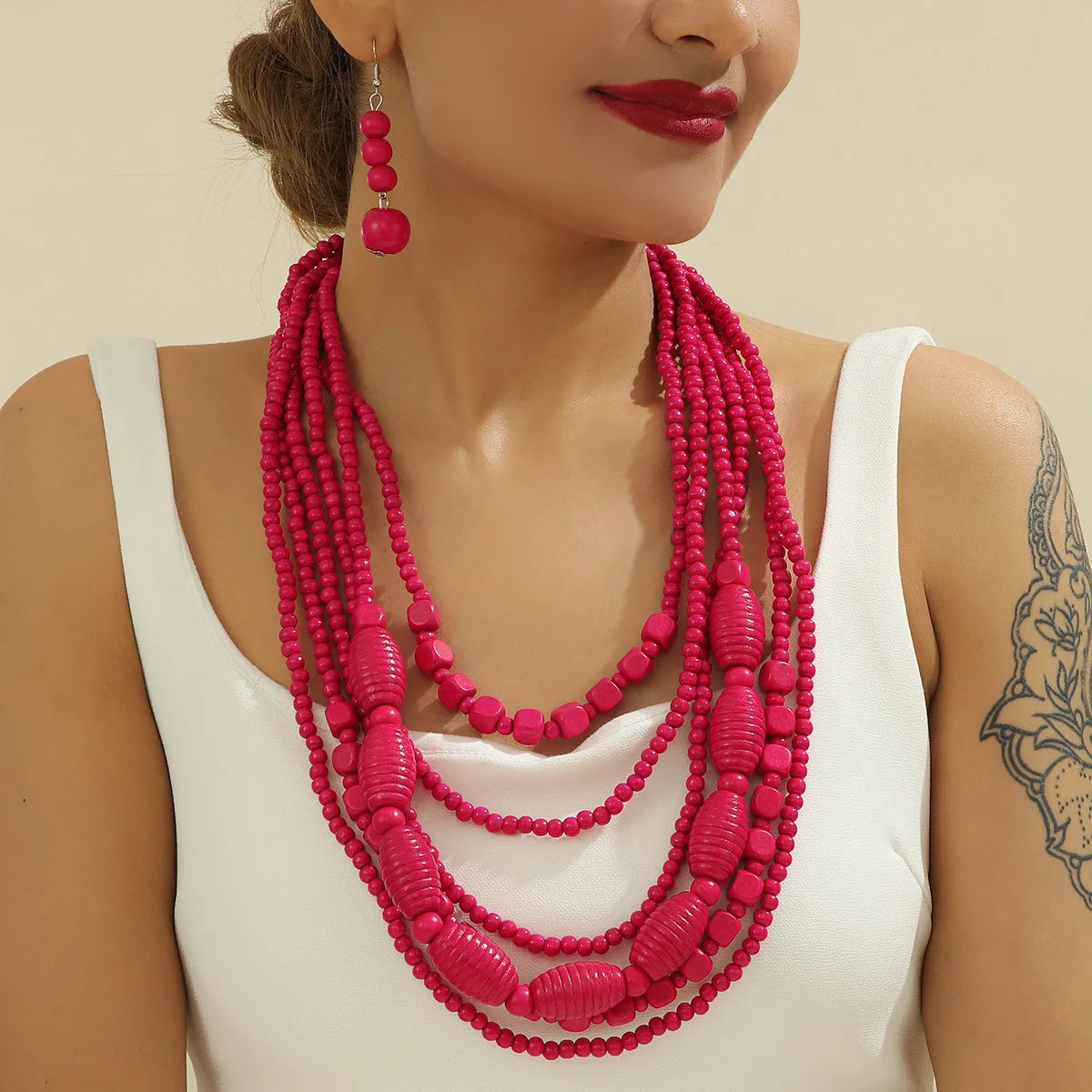 Colorful African Style Multi-Layer Wooden Bead Jewelry Sets Chokers Necklace Colorful Bohemian Necklace Earrings Set Party Jewel