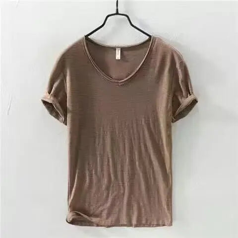 2023 Summer New 100% Cotton White T-shirt Male V-neck Solid Color Casual T Shirt Basic Tees Plus Size 3XL Short Sleeve Tops