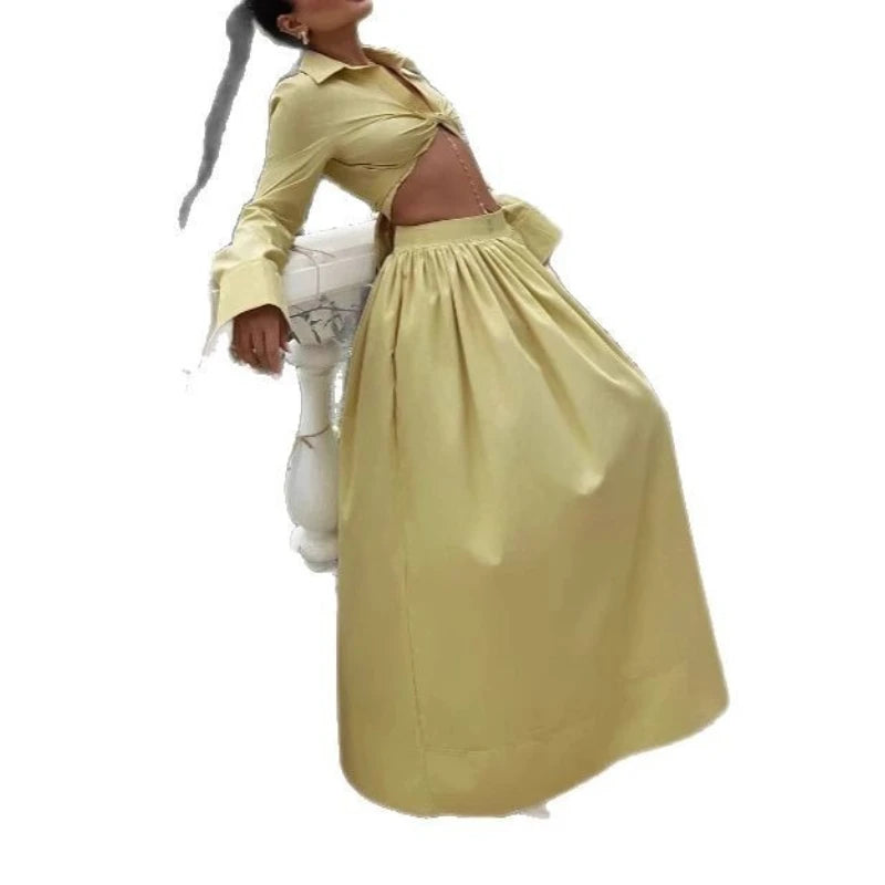 European/American Style Turned Collar, Flared Sleeve Short Top and Skirt Set - African High-end Stylish New Two-piece Set