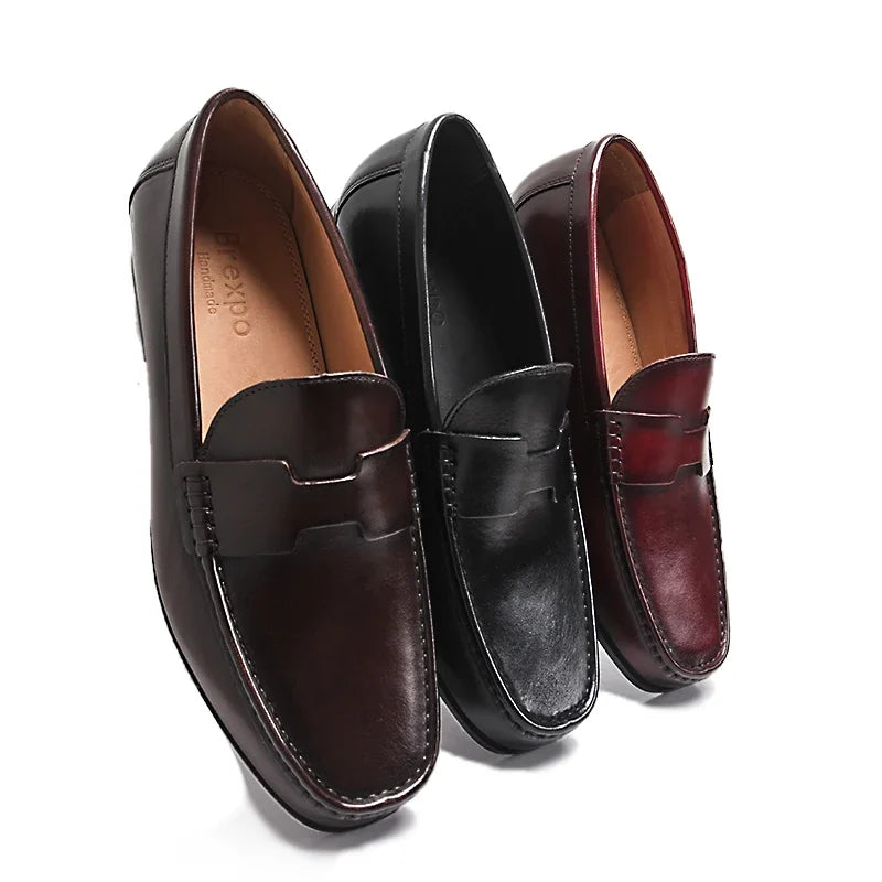 Men's High-End Genuine Leather Loafers Comfortable Flat Casual Glossy Wine Red Handmade Office Banquet Shoes