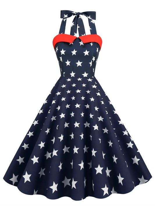 2025 Women Star Print Summer Dress Sexy Retro Blue Red Halter Vintage Dress Robe Femme Pin Up 50S 60s Rockabilly Party Dresses