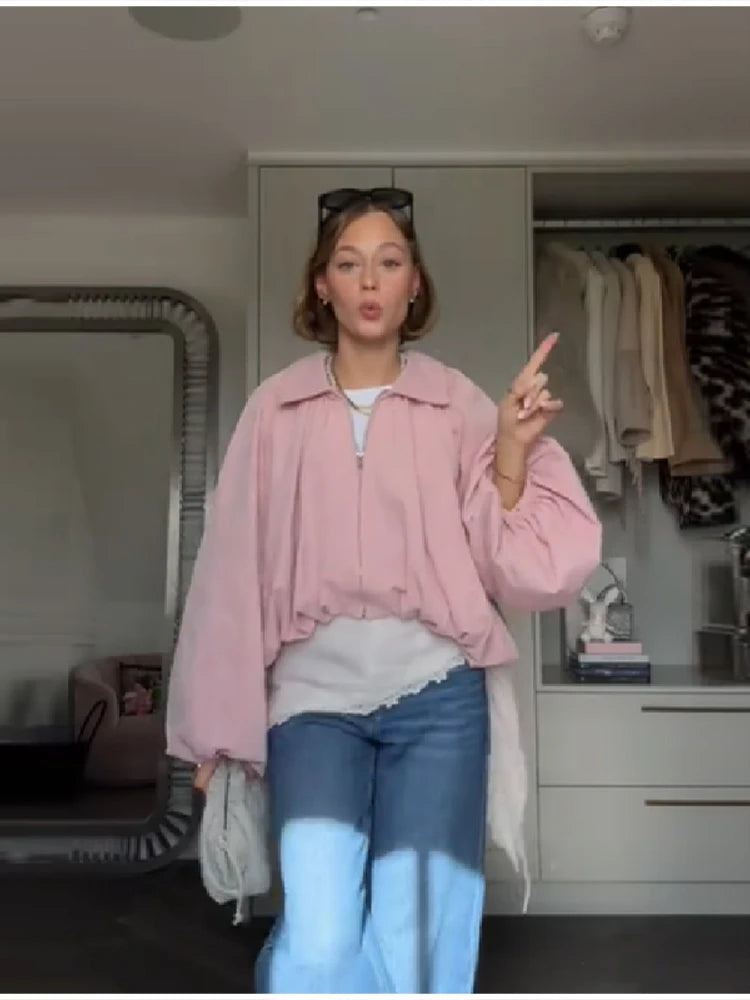 Women's Pink Puff Sleeve Pleated Bomber Jacket Casual Sweet Irregular High Waist Zipper Loose Crop Coat Daily Commute Outerwear