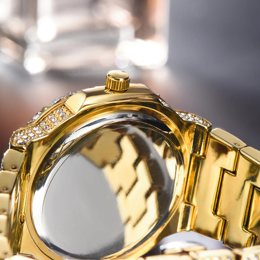 MISSFOX Iced Out Watch For Men Luxury Fashion Gold Quartz Watches Hip Hop High Quality Waterproof  Male Daimond Clock New Gift