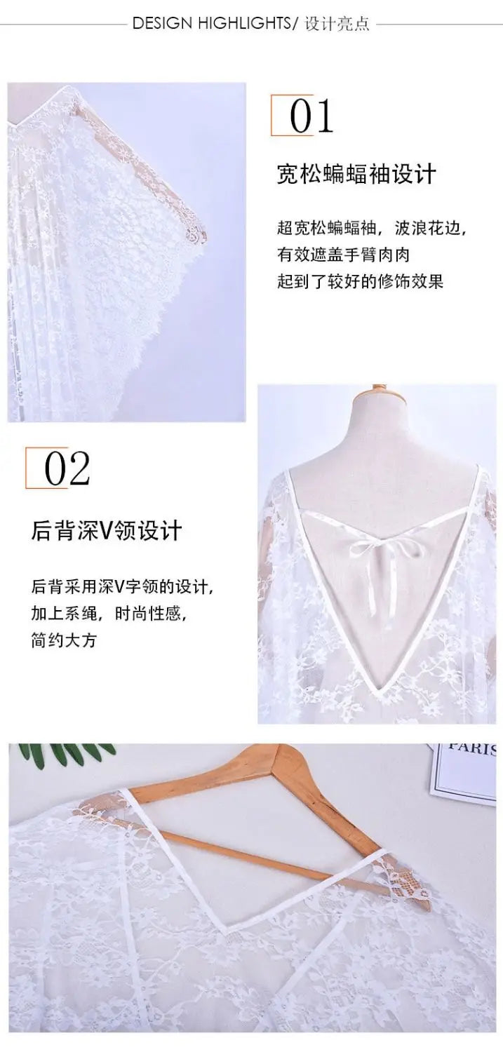 Sexy Lace Beach Bikini Cover Up Robe Pareo Beachwear Swimwear Women Dress Black White Swimsuit Hollow Out See-through Vacation