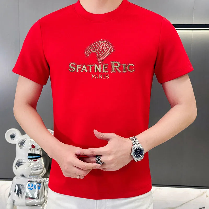 Luxury Rhinestone Summer Men's T-shirt Slim Fit Short Sleeve Casual T-shirt Male Round Neck Business Social Tee Top Men Clothing