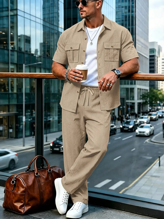Men's Cotton Linen Short Sleeve Shirt & Pants Set Turn-Down Collar Double Pocket Casual Streetwear